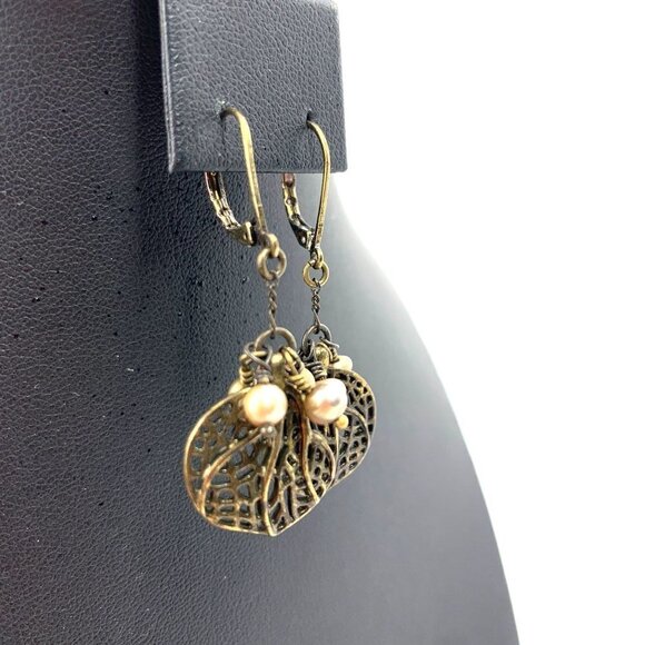 Bronze Tone Filagree Leaf Drop Earrings With Pearl Beads - 1.5"L x 1” - Picture 2 of 4